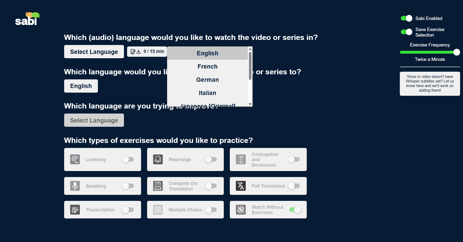 Selecting language for AI subtitles
