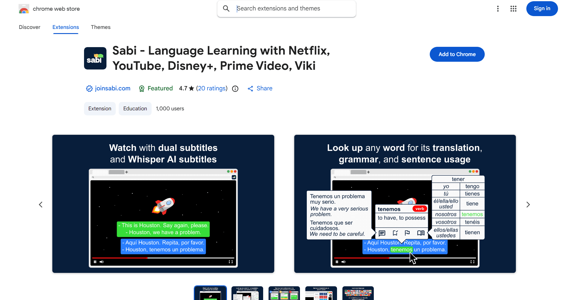 Sabi chrome web store page